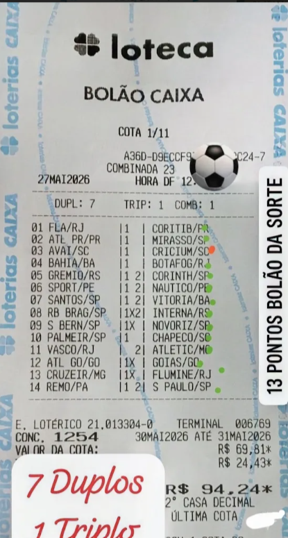 Comprovante 13 pontos — concurso 1254