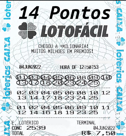 Comprovante 14 pontos Lotofácil — concurso 2539